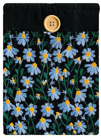 Embroidered Fabric Sleeve for iPad 9.7/10.2/10.5/10.9, Nook Glowlight Plus, Mass Market Paperback Books – Padded Protective Cover, Handcrafted Character - Blue & Black Daisy