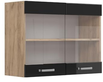 Vicco Küchenglasschrank R-Line, Schwarz Hochglanz/Goldkraft Eiche, 80 cm