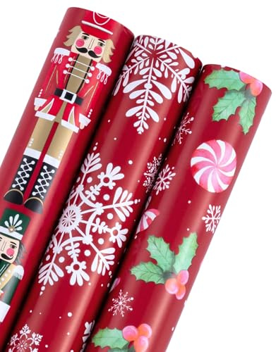 RUSPEPA Rollo De Papel De Regalo Navideño - Mini Rollo - 3 Rollos - 43,2 Cm X 3 M Por Rollo - Colección Navideña De Cascanueces Rojo, Copo De Nieve, Bastón De Caramelo Y Acebo