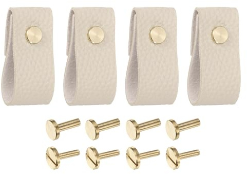 QUARKZMAN Lot de 4 Poignées de Tiroir en Cuir, Remplacement des Boutons Traditionnels pour Tiroirs de Commode, Placard, Armoire de Cuisine, Beige