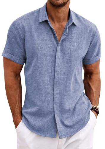 COOFANDY Mens Shirt Linen Short Sleeve Summer Holiday Casual Regular Fit Shirts Deep Blue L