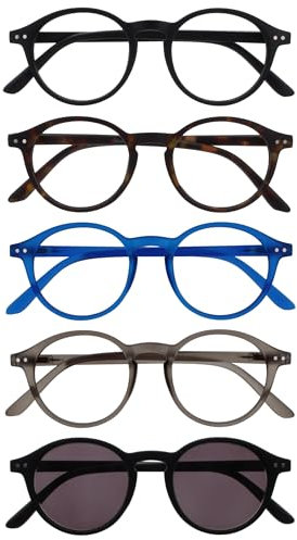 OPULIZE REY Lunettes de Lecture + Lecture Solaires - Lot de 5 - Montures Rondes - Noir Mat, Marron, Bleu, Gris, Noir - Hommes Femmes - RRRRS56-12371 - +2.00