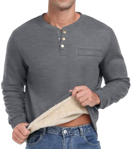 Sailwind Mens Henley T Shirts Thick Sweatshirts for Men Thermal Tops Warm Crew Neck Mens Long Sleeve T Shirt Autumn Winter Mens Tops (Dark Grey, L)