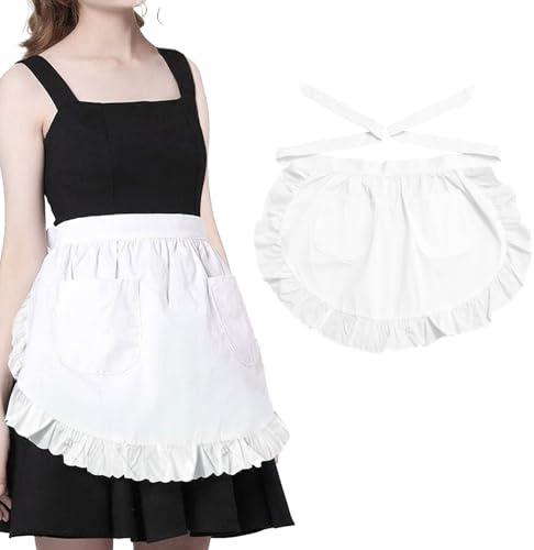 Innovess Waist Apron with Pockets, Half Frilly White Aprons for Women, Pinny Apron for Cosplay, Kitchen, Café, Party, Restaurant Use(White)