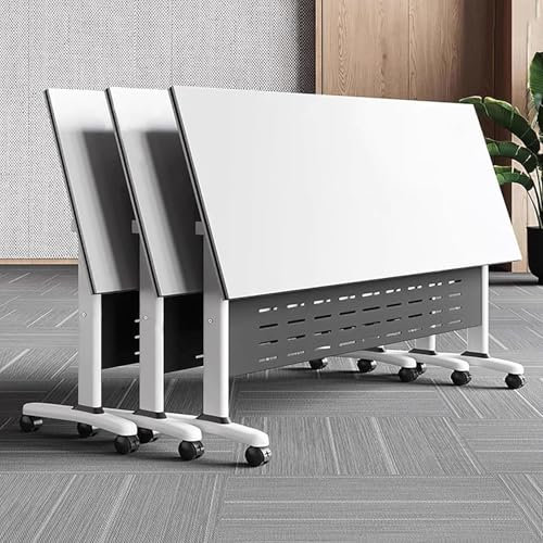 Mesa de conferencias plegable con tapa abatible, escritorio de entrenamiento con ruedas de bloqueo, mesa de reunión blanca para oficina, aula, negocios, eventos, portátil y ahorra espacio