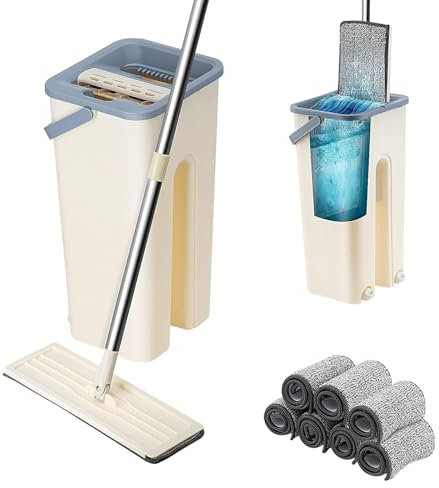 CROWNSHOP Mop and Bucket Set with 7 Washable Microfibre Pads, 360° Spin Flat Squeeze Floor Cleaning System for Tiles, Hardwood & Laminate | Wet & Dry Use with Foot-Operated Wringer