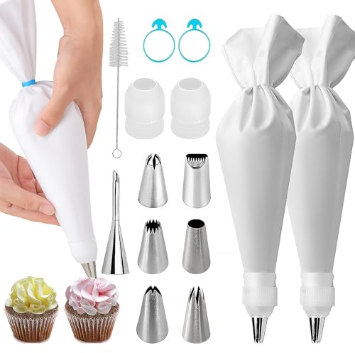 Ferizzia 14 Pièces Ustensiles à Pâtisserie, 2 Poche à Douille Patisserie Reutilisable, 6 Douilles en Inox, Kit Patisserie pour Biscuit, Pâtisserie, Gâteau, Cupcakes et Cookies