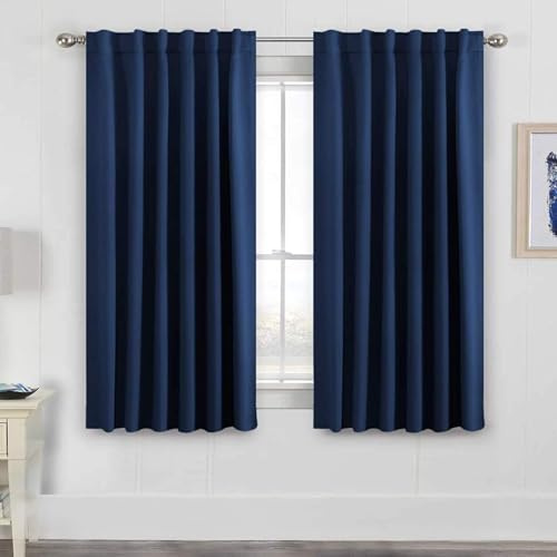 Tenger Home® Tende con passanti e nastro arricciato tenda oscurante decorativa sipario opaco tenda con passanti tenda a nastro (Blu marino, 120 x 150 cm)