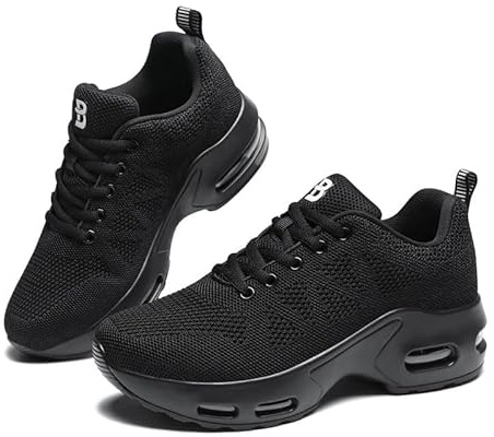 Womens Orthopedic Trainers Running Shoes Air Cushion Athletic Sports Lightweight Walking Sneakers Mesh Breathable Ladies Nursing Work Arch Support Plantar Fasciitis Jogging Shoes All Black UK 7