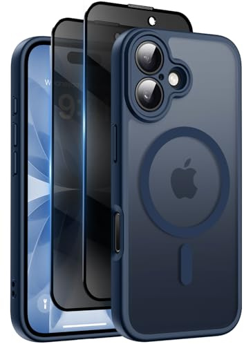 Helssitot Coque Magnétique pour iPhone 17 avec 2 Verre Trempé Anti-Espion, Compatible avec MagSafe, Étui Mat Translucide Arrière Housse Antichoc Anti-Rayures pour iPhone 17, Bleu Foncé