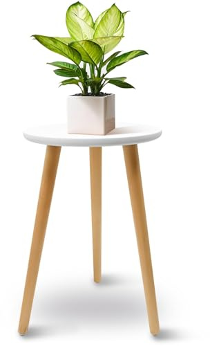 JNUYISW Soporte para Plantas de Madera, Blanco Soporte para Macetas Redonda con 3 Piernas para Macetas de Distintos Tamaños Exhibición de Flores para Hogar Patio Jardín Interior Exterior (42x28cm)