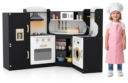 GYMAX Kids Corner Kitchen, Wooden Toy Kitchen with Microwave, Washing Machine, Ice Maker, Cooking Accessories, Realistic Light & Sound, Large Play Kitchen for 3 Years Old + (Black)