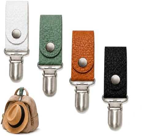 4 Pezzi Clip Cappello da Viaggio, Set 4 Colori in PU, Porta Cappello per Borsa, Zaino, Valigia, Spiaggia, Vacanze, Cappello Sole, Berretto, Accessori Viaggio, Nero Bianco Marrone Verde Uomo Donna