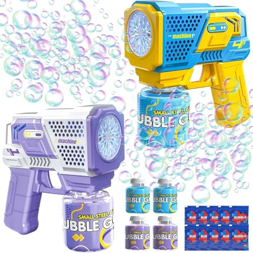 MIOEUZS 2 PCs Machines à Bulles de Savon, LED Pistolet a Bulles Automatique pour Enfants avec 4 Bouteilles 10 Sachets de Solution, pour Fêtes, Cadeaux de Mariage et Anniversaire, Jouets D'extérieur