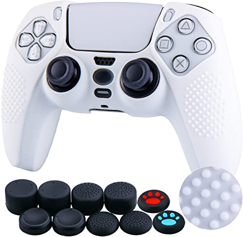 YoRHa Studded Silicone Rubber Gel Customizing Skin Cover for PS5 Dualsense Controller x 1(White) With Pro thumb grips x 10