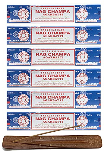 Nakshatra® Satya Nag Champa Lot de 6 bâtons d'encens avec porte-encens Nakshatra | Chaque boîte de 15 g de bâtons d'encens à combustion longue | Pour méditation, yoga, aromathérapie