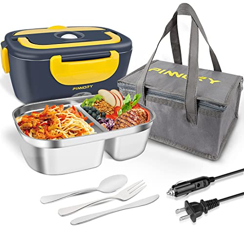 LETAAKA Electric Lunch Box Food Warmer, 80W Food Heater 3 in 1 12/24/110V for Car and Home, Lunch Heating Microwave for Truckers with 304 Stainless Steel Container, Heated Food Box with Tableware