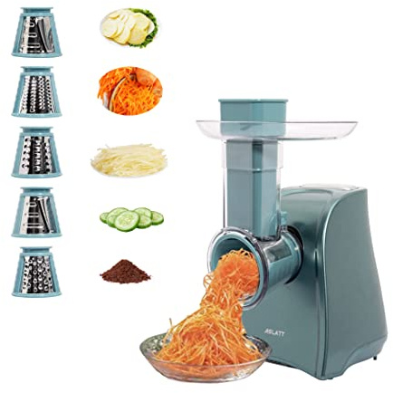 Electric Cheese Grater, Cheese Grater Electric, One-Touch Control Electric Grater Machine for Vegetable, Fruits, Potato, Electric Cheese Shredder, Salad Maker with 5 Free Attachments, Green, ASLATT
