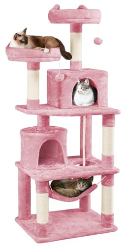 Yaheetech Albero Tiragraffi per Gatti Adulti Grandi Medi con Giocattolo Gioco Palle in Corda Sisal Naturale 61 x 49 x 158 cm Rosa