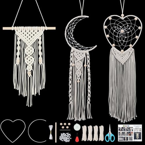 FREEBLOSS 3 Set Makramee Traumfänger Set, Boho Makramee Traumfänger, DIY Makramee Wandbehang Mit Video Tutorial, Boho Hochzeit, Party Dekoration, Zuhause, Baby, Kinderzimmer, Dekorationen