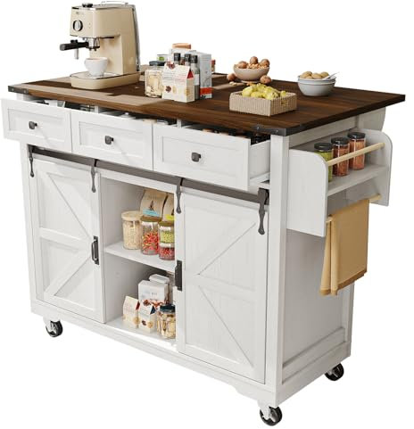 DRIXNO Kücheninsel, Servierwagen mit ausziehbarer Arbeitsplatte, Küchenwagen auf Rollen, Küchenschrank mit 2 Schiebetüren und 3 Schubladen,Speisewagen mit Holzmaserung,Küchenschrank