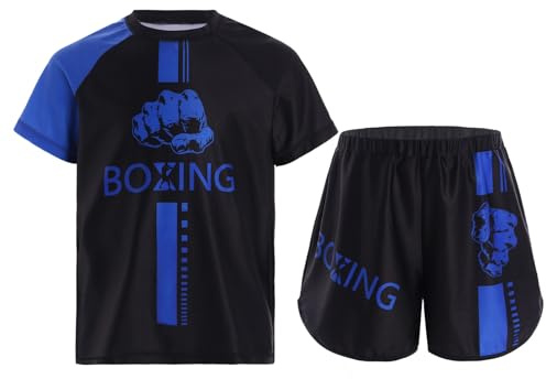 Manyakai Pojkar T-shirt och shorts boxning MMA kickboxning kampsport uniform träning tävling sport barn 5–16 år, Färg: blå, 7-8 år