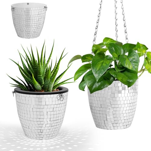 ROSEONE Spiegel Discokugel Blumentopf, Pflanzgefäß Aufhänger Blumenampel,Disco Ball Diskokugel Pflanzenaufhänger Pflanzenhalter übertopf für Balkon Zimmerpflanzen, Sukkulenten,Luftpflanzen,5 Zoll