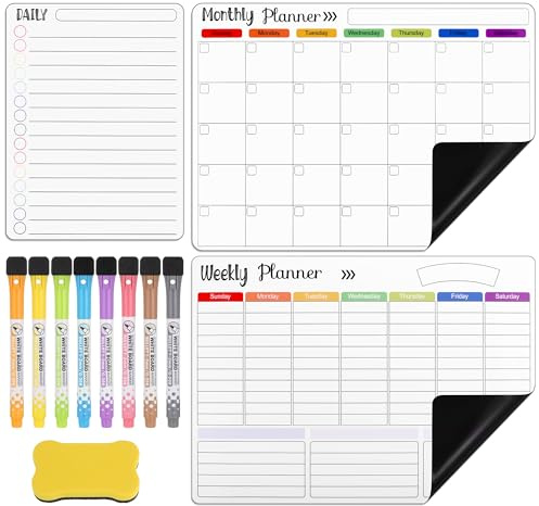 JIANTA 3 stycken magnetiska kalender-whiteboardtavlor för kylskåp, torraderbar magnetisk whiteboard, månadsvis, veckovis och daglig whiteboard med 8 whiteboardpennor och 1 suddgummi, 30 x 42 cm