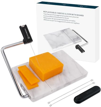 KITCHENDAO Replaceable Wire Cheese Slicer with Board, Tightness Adjustable Cheese Slicer, Marble Cheese Cutter for Block Cheese, Easy to Replace, with 2 Extra Upgrade Strong Wires