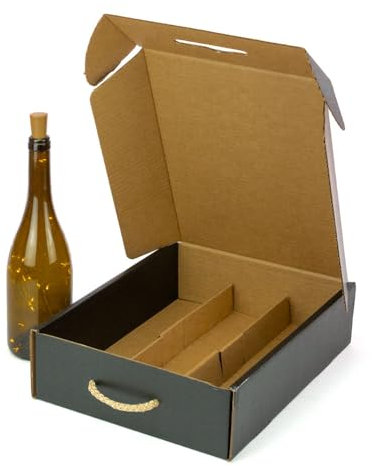 ONLY BOXES Cajas para 3 Botellas de Vino Cava Regalo cartón - Pack 4 Unidades Elegante Estuche para 3 Botellas con Asa, Cartón Reciclado, Impresión Copas Metalizada en Color Dorado