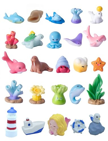 25pcs Miniature Ocean World Fish Tank Decor Set - Resin Aquarium Ornaments with Marine Animals, Mermaid, Lighthouse, Ship & Seaweed for Fish Tank Landscape, Dollhouse, Fairy Garden, DIY Crafts