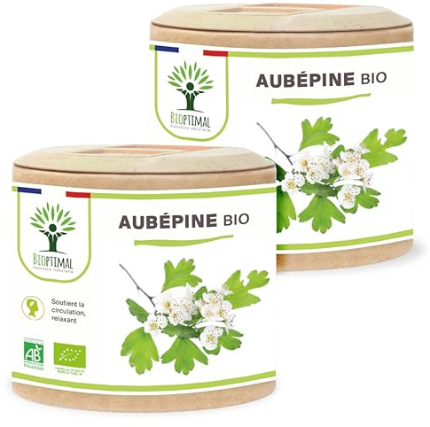 Aubépine bio - Bioptimal - Complément alimentaire - Sommeil Anti-Stress Anxiété - 100% Sommité Fleurie en Poudre Pure - 300mg par Gélule - Fabriqué en France - Certifié par Ecocert - 2 x 60 gélules
