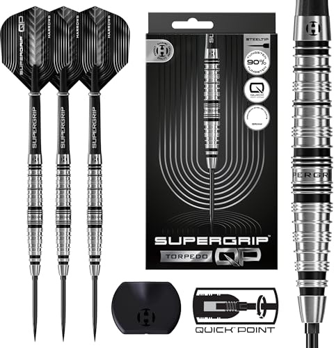 Harrows SuperGrip QP Torpedo 90% Tungsten Darts | Steel Tip Darts Set with Quick Point Change System | 22g, 23g & 24g | Includes Supergrip Shafts & 100 Micron Flights (22g)