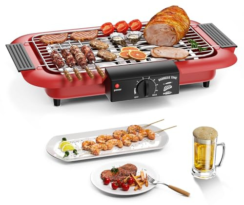 Elektrogrill Tischgrill elektrisch, Elektrischer BBQ-Grill, rauchloser Non-Stick Innen-/Outdoor-Grill, 2000W Doppelröhre tragbarer abnehmbarer Standgrill der hohen Leistung (Klassisches Rot)