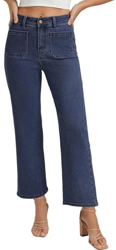 Belle Poque Pantaloni da Donna con Tasche Multiple, Gamba Dritta, Alta Vita, Relaxed Fit, Casual, Jeans a Gamba Larga per Tutti i Giorni, Blu scuro, 44