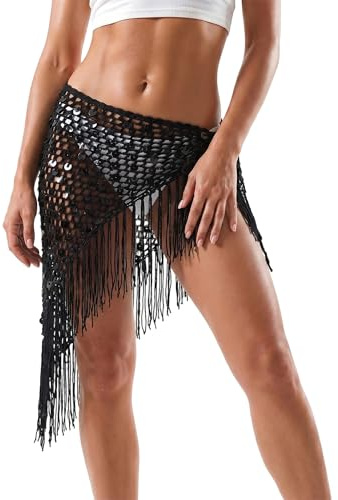 Women Sequin Crochet Hip Scarf Asymmetrical Knit Cutout Fringe Wrap Sarong Sparkly Sequin Bikini Cover Up Skirt for Beach