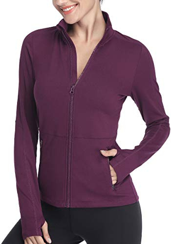 VUTRU Donna Giacca da corsa Collo alto Giacca sportiva leggera Manica lunga Camicia yoga Giacca fitness Giacca da allenamento traspirante con fori per i pollici e zip integrale Lila M