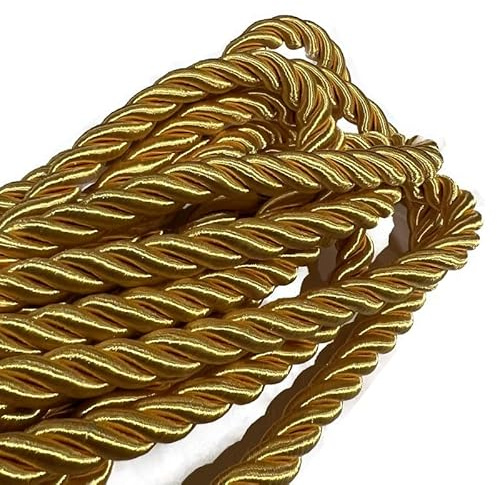 10mm Gold Metallic Rope Twisted Cord Strong All Purpose Rope Soft Cotton Polyester Blend 3 Strand Cord Rope for Crafting Upholstery Trim Curtain Tieback Decoration (10mm - Gold - 3 Meters)