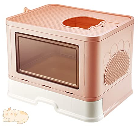 Arenero Gatos Cubierto con Cajon,Arenero para Gatos Grande XXL Cerrado Caja de Arena Plegable Cagadero Gato sin Olores con Cepillo de Masajeador Pala y Filtro48,5 * 36,5 * 38 cm - Rosa