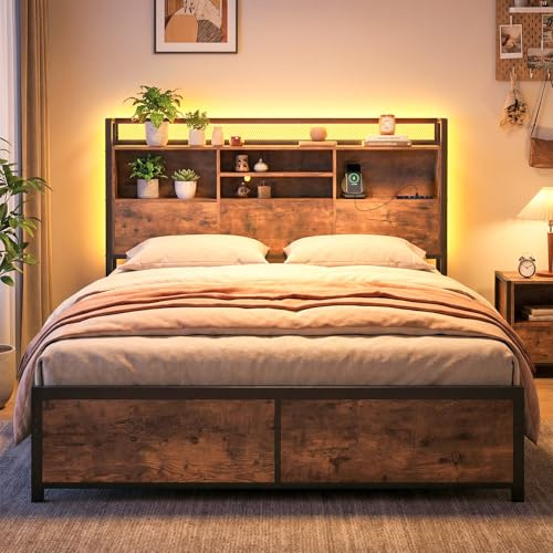 COSTWAY Struttura Letto con Testiera Contenitore, Letto a Piattaforma in Metallo con Stazione di Ricarica 3 Ripiani, Silenzioso, Carico Massimo 300kg (140 x 200cm Stile 2)