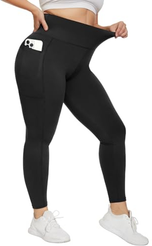 HIPOWER Leggings Damen High Waist Leggins Blickdicht Große Größen Schwarz Sportleggins Lang Bauchweg Plus Size Sporthose Elastische Yogapants Laufhose(Schwarz-Mit Taschen,4XL)