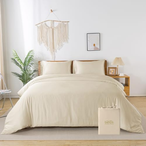 bienDo Bettwäsche 240x220 Beige, 3 Teilig, Bambus - Vegane Seide, Luxus Bettbezug und 2 Kissenbezüge Set, Seidenweich für Sommer und Winter