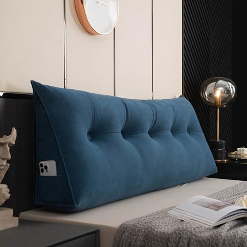 Rückenkissen Bett Sofa, Weich und Atmungsaktiv Lesekissen mit Seitenfach, Abnehmbarer und Waschbarer Samt Bezug, Ergonomisch Keilkissen, Wandkissen und Lendenkissen zum Lesen, Fernsehen,Dark blue,60cm