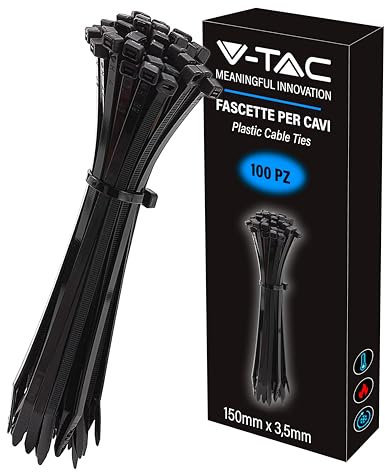 V-TAC Bridas para cables de plástico de 2,5 mm x 150 mm – Paquete de 100 unidades – Bridas para cableado multiusos – Sujetacables para electricista, mecánico, jardinería, color negro