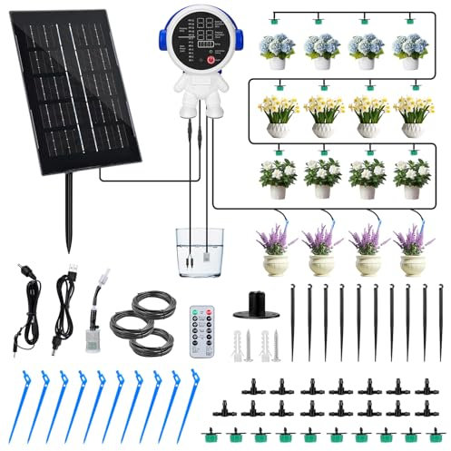 Solar Automatic Drip Irrigation System, Drip Irrigation Kit Garden Watering System with Timer Plant Watering System Drip Irrigation System Supports 15 Pots Plants for Indoor & Outdoor