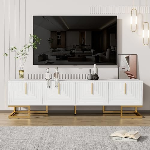 Jaxenor TV-skåp på 170 cm med lådor, lågmöbel med strukturerad dörr, TV-bänk med gyllene handtag och gyllene ben, TV-skåp i trä, vit, vit