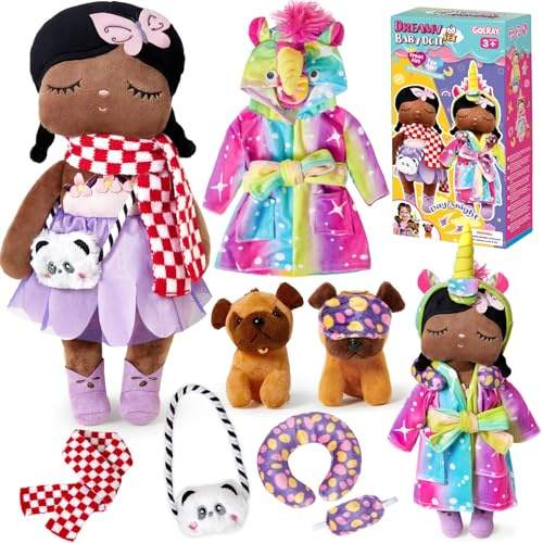 Merrymint Bambola di Stoffa 34cm Set con Cagnolino & Accessori, Accappatoio Unicorno Arcobaleno, Regalo per Bambina & Bambini dai 3 Anni, Set Bambola Morbida Regalo Compleanno Battesimo