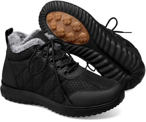 SHIBEVER Black Snow Boots for Women Winter Fur Lined Booties Waterproof Warm Anti-Slip Ankle Outdoor Casual Walking Shoes Size 8