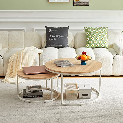 buybyroom Couchtisch Set, Nisttische mit Metallrahmen, geeignet für Wohnzimmer, Schlafzimmer, Büro, Balkon, Wohnung, Weiß Eiche