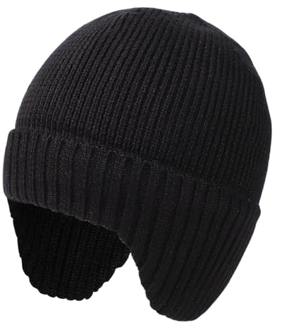 ZTL Merino Wool Waterproof Beanie Hat for Men & Women - Warm Fleece Lined Winter Hat with Ear Flaps, Thermal Knitted Ski Cap, Black, M/L